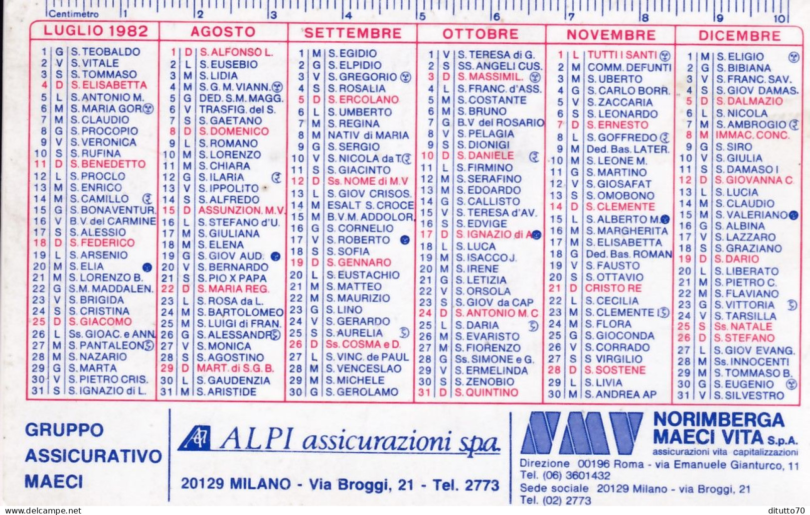 Calendarietto - Gruppo Assicurativo Maeci - Alpi Assicurazioni - Milano - Anno 1982 - Petit Format : 1981-90