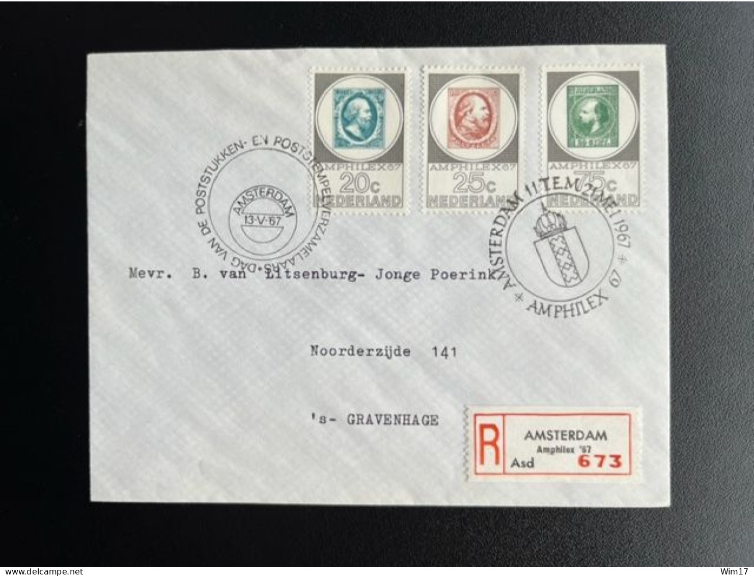 NETHERLANDS 1967 REGISTERED LETTER AMSTERDAM AMPHILEX 67 TO 'S GRAVENHAGE 13-05-1967 NEDERLAND AANGETEKEND - Cartas & Documentos