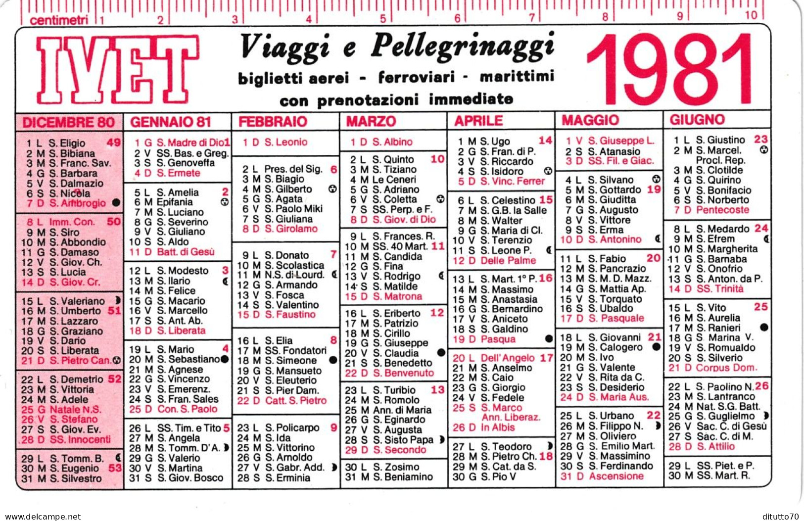 Calendarietto - Ivet - Viaggi E Pellegrinaggi - Anno 1981 - Petit Format : 1981-90