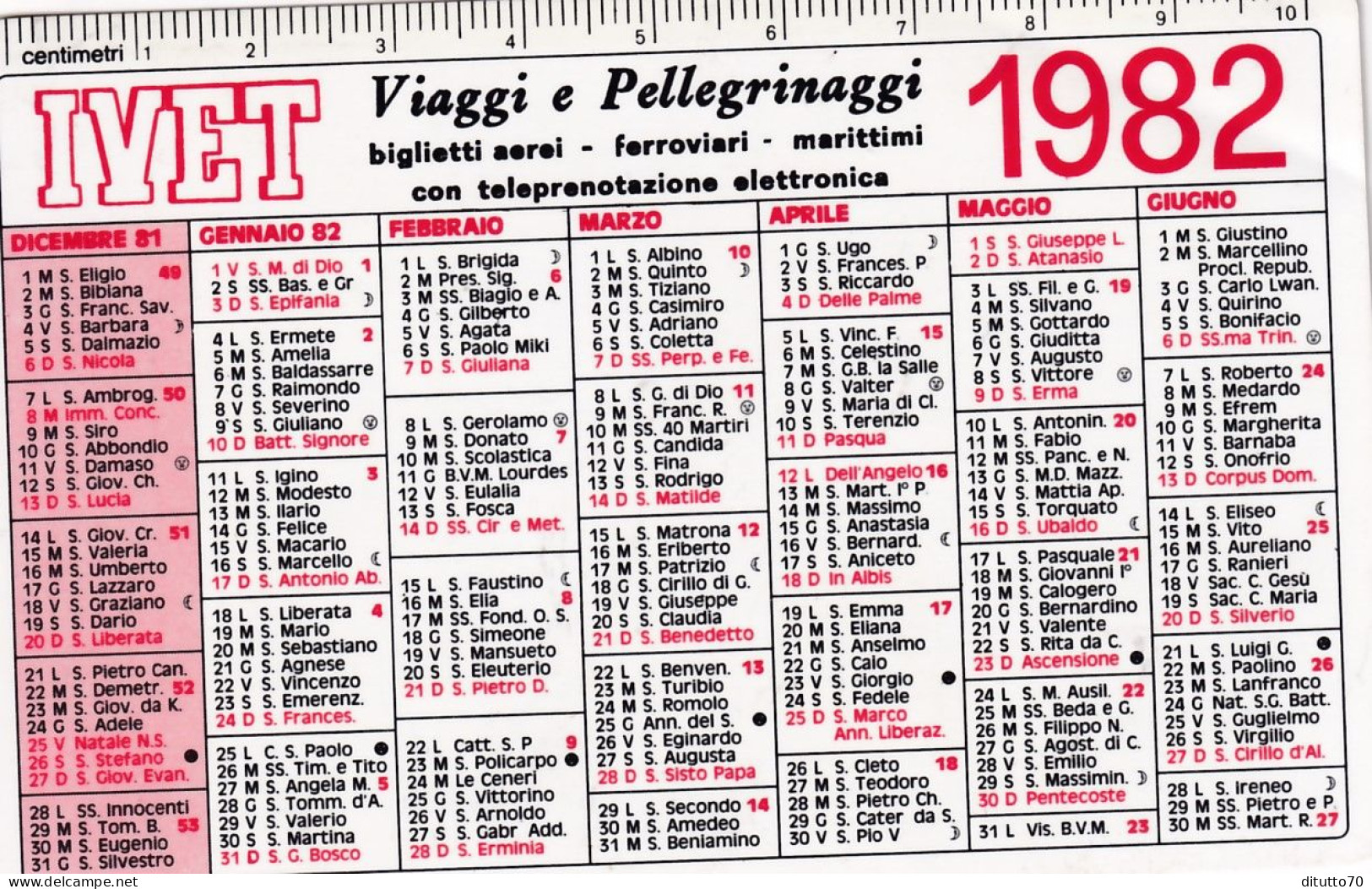 Calendarietto - Ivet - Viaggi E Pellegrinaggi - Anno 1982 - Petit Format : 1981-90