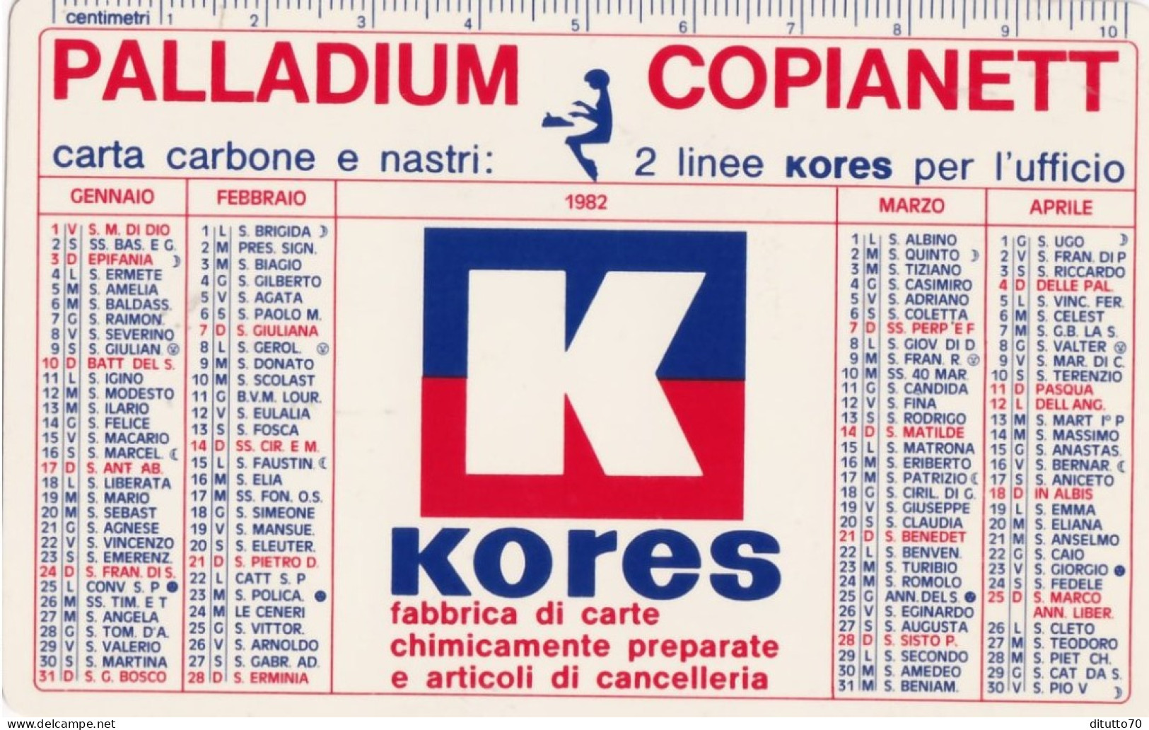 Calendarietto - Kores - Palladium - Copianett - Anno 1982 - Petit Format : 1981-90