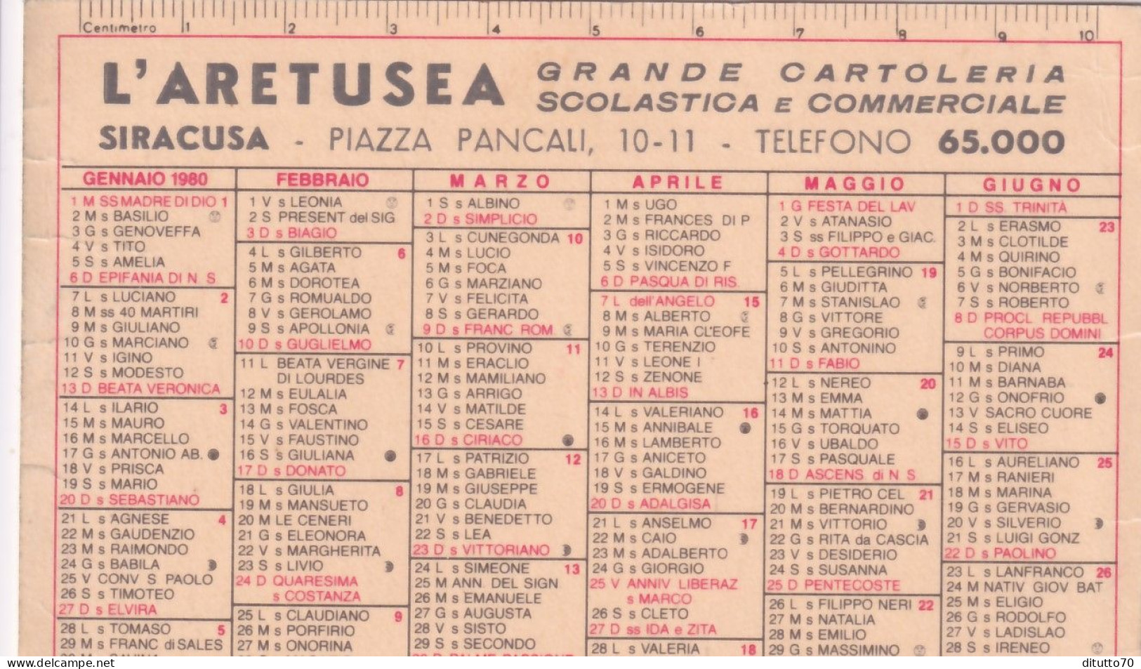 Calendarietto - L'aretusea - Grande Cartleria Scolastica E Commerciale- Siracusa - Anno 1980 - Tamaño Pequeño : 1971-80