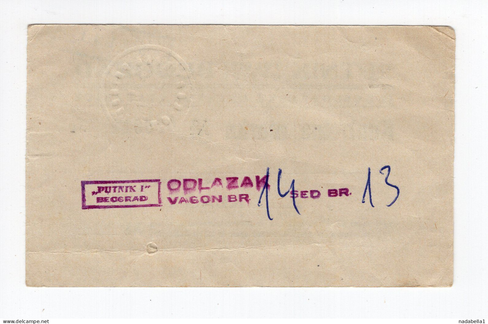 1930s YUGOSLAVIA,PUTNIK TOURIST OFFICE SPLIT,BELGRADE,CONTROL TRAIN TICKET,YUGOSLAV STATE RAILWAY - Sonstige & Ohne Zuordnung