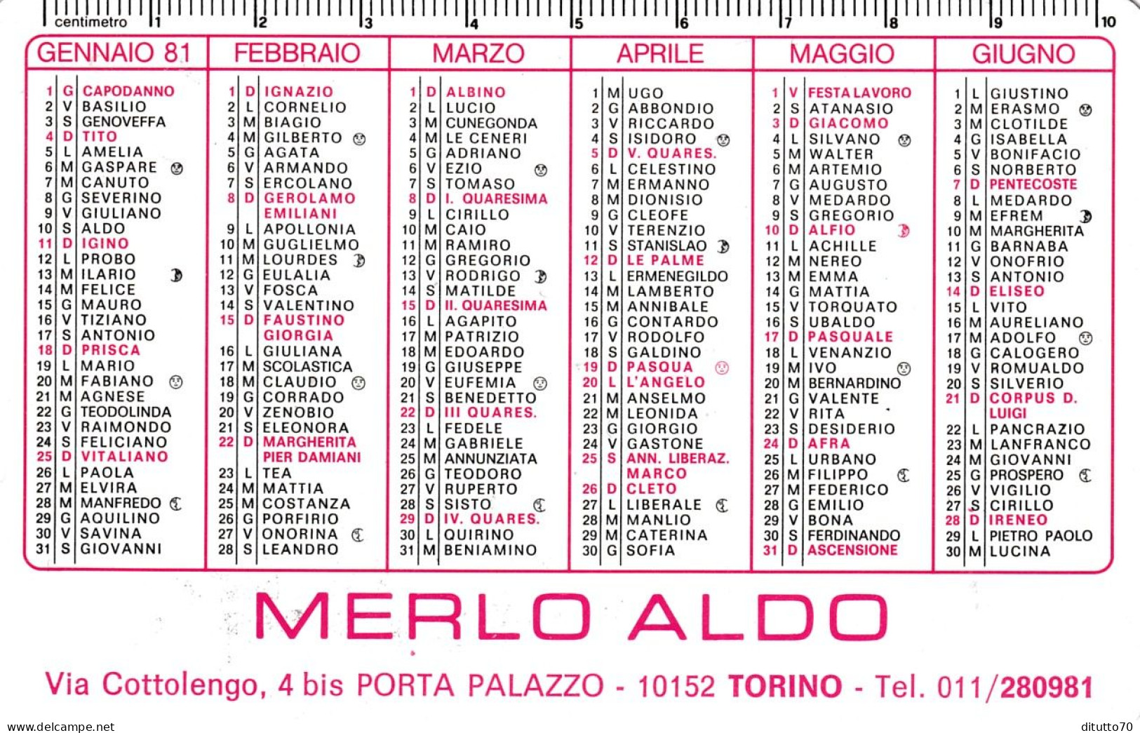 Calendarietto - Merlo Aldo - Torino - Anno 1981 - Petit Format : 1971-80