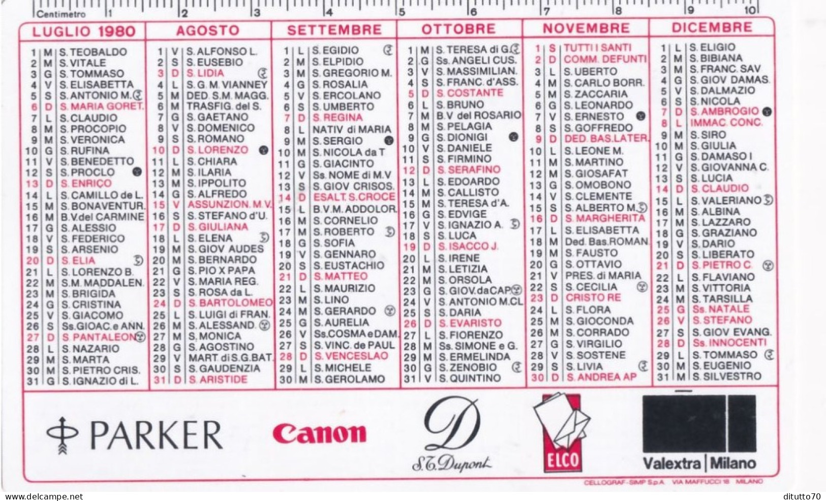 Calendarietto - Parker - Canon - S.t.dupont - Anno 1980 - Petit Format : 1971-80