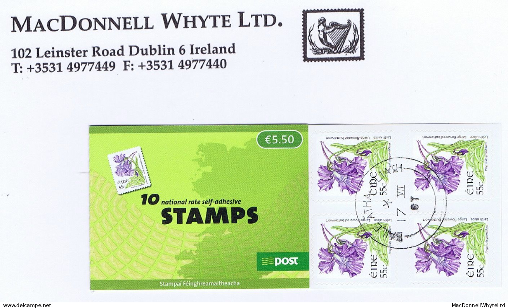 Ireland 2007 Flowers €5.50 Booklet 55c Large-flowered Butterwort X 10, Used Neat Dublin Cds 17 VII 07 - Cuadernillos