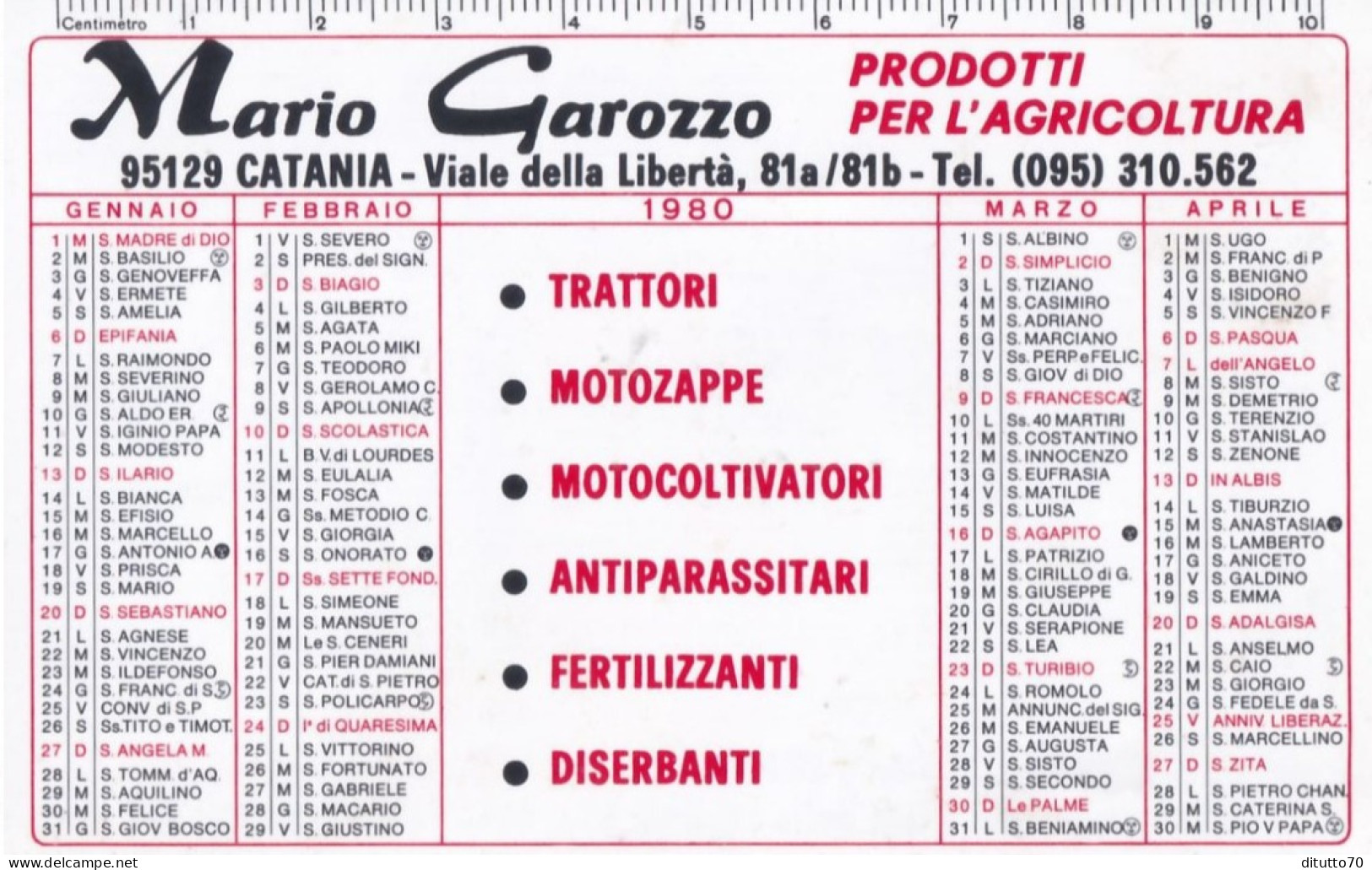 Calendarietto - Prodotti Per L'agricoltura - Mario Garozzo - Catania - Anno 1980 - Petit Format : 1971-80