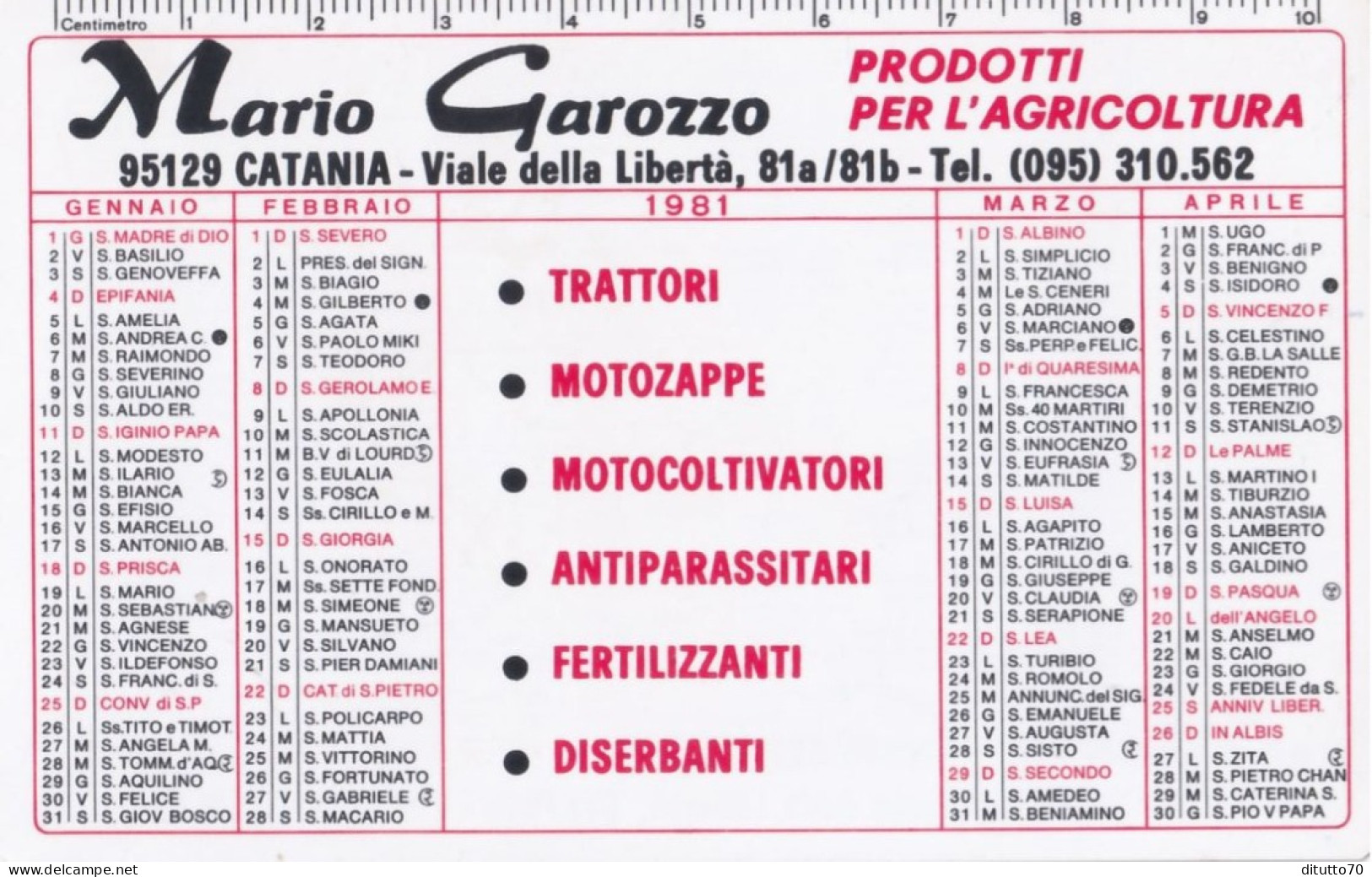 Calendarietto - Prodotti Per L'agricoltura - Mario Garozzo - Catania - Anno 1981 - Petit Format : 1981-90