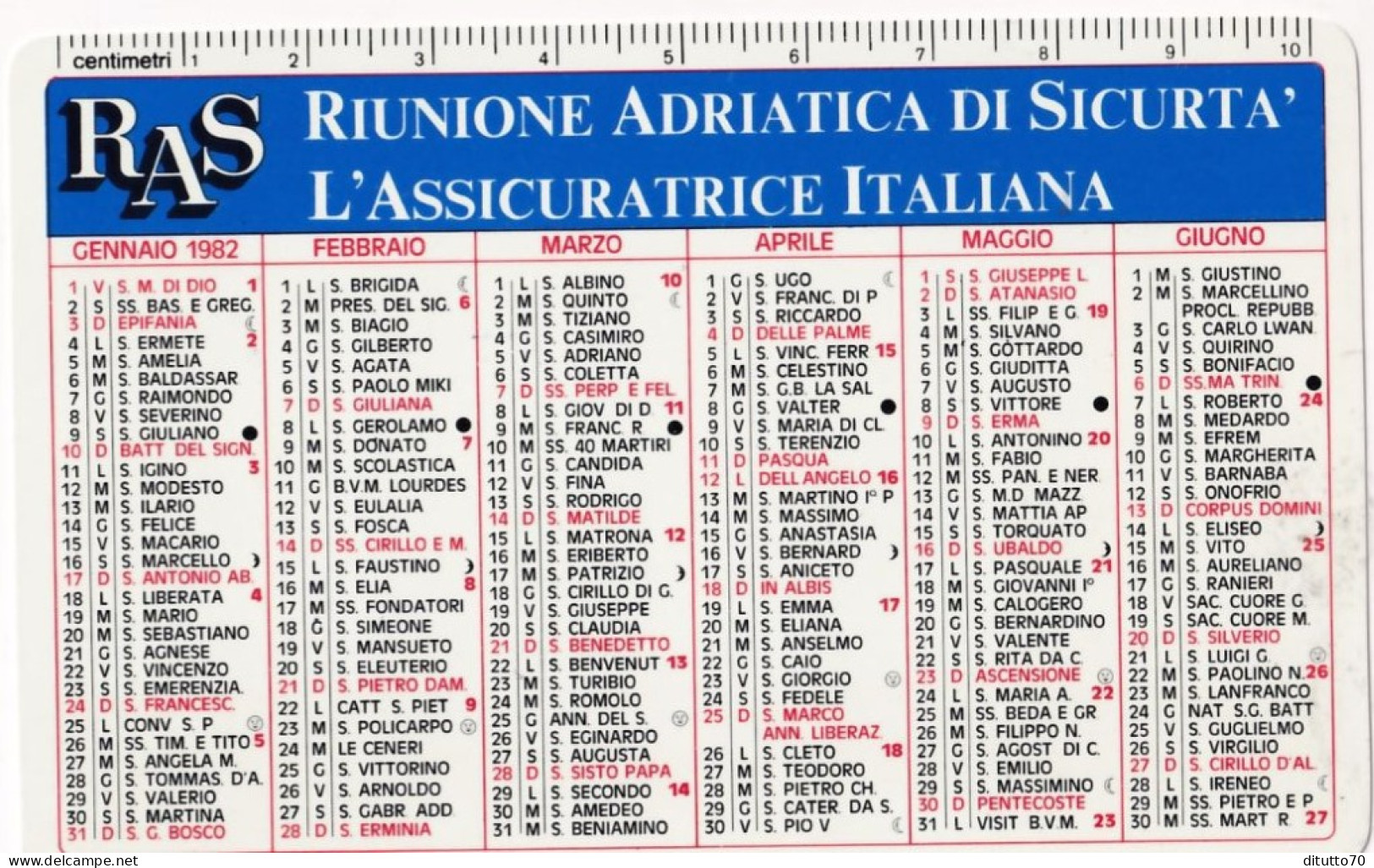 Calendarietto - Ras - Riunione Adriatica Di Sicurtà L'assicuratrice Italiana - Anno 1982 - Petit Format : 1981-90