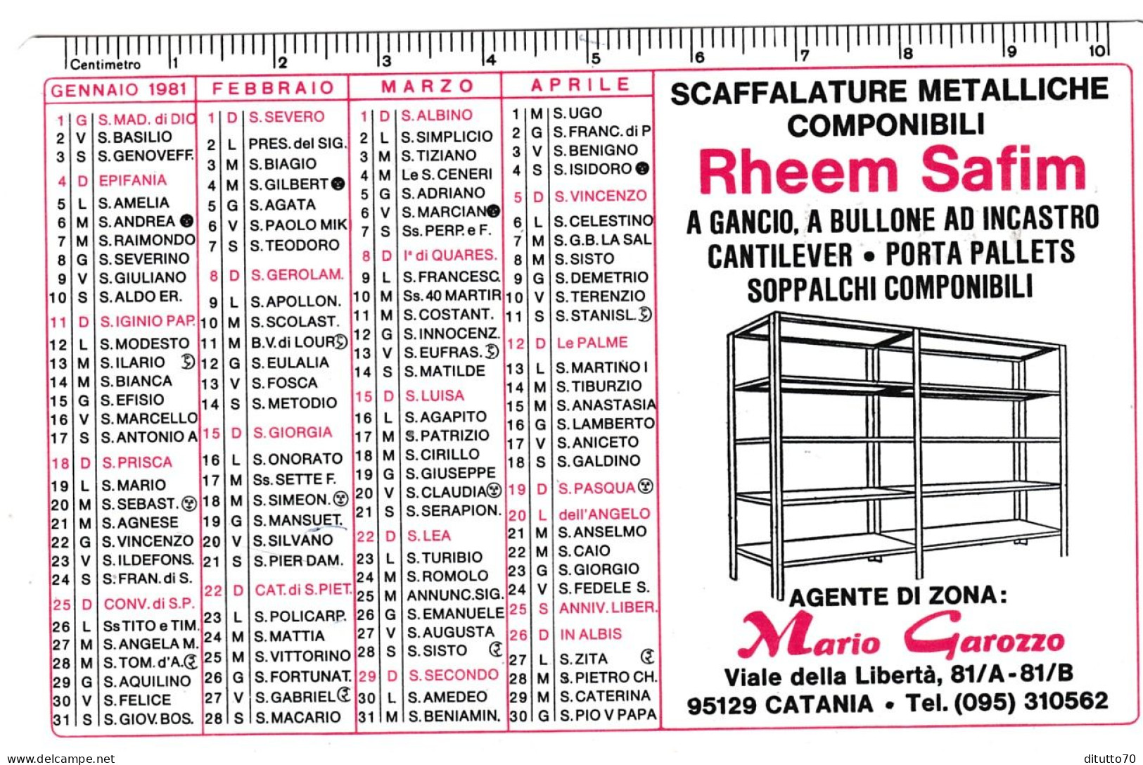 Calendarietto - Rheem Safin - Mario Carozzo - Catania - Anno 1981 - Petit Format : 1981-90
