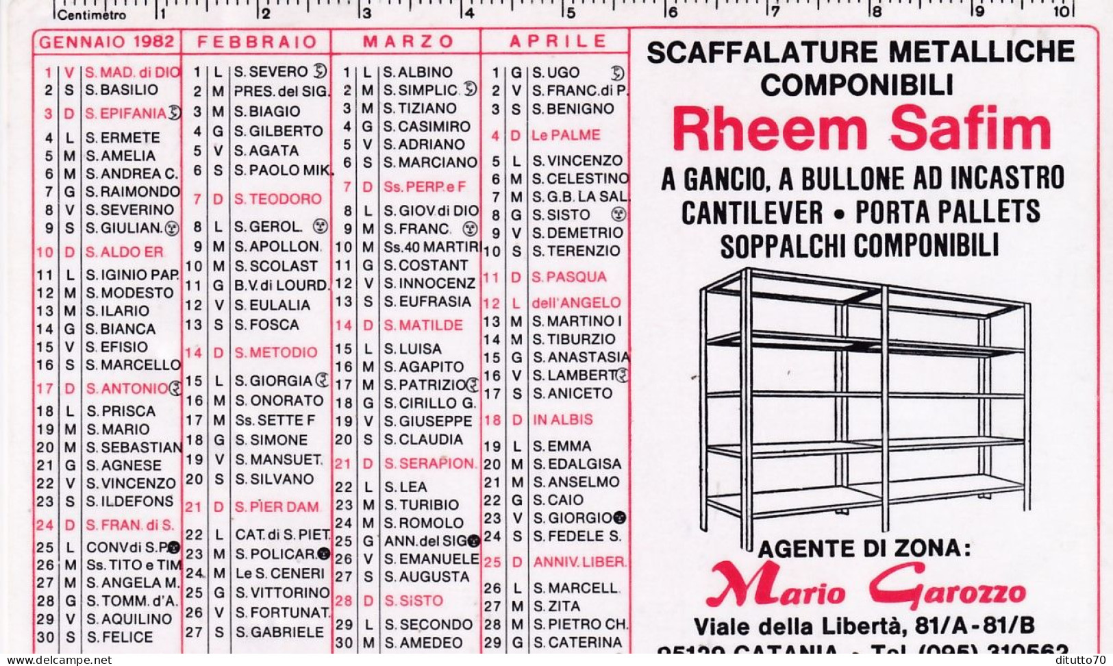 Calendarietto - Rheem Safin - Mario Carozzo - Catania - Anno 1982 - Petit Format : 1981-90