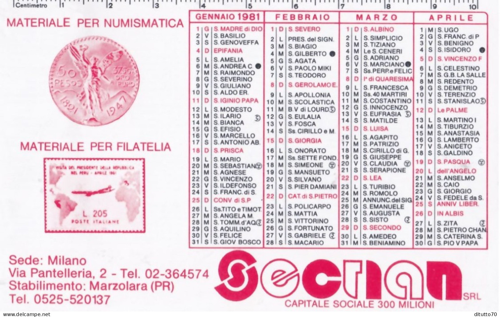 Calendarietto - Secrian - Sedemilano - Stabilimento Marzolara - Parma  - Anno 1981 - Petit Format : 1981-90
