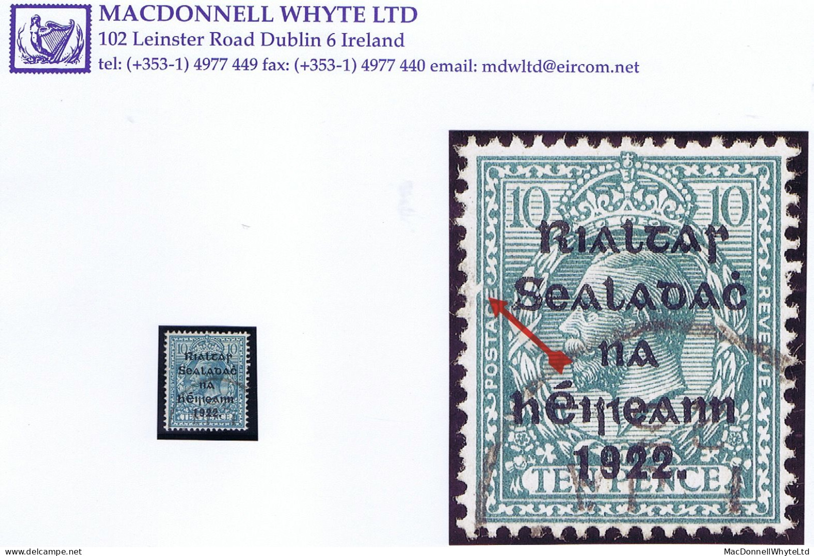 Ireland 1922 Thom Rialtas 5-line Ovpt In Blue-black On10d Turquoise, Var "Broken Frameline" Fine Used Cds - Usati