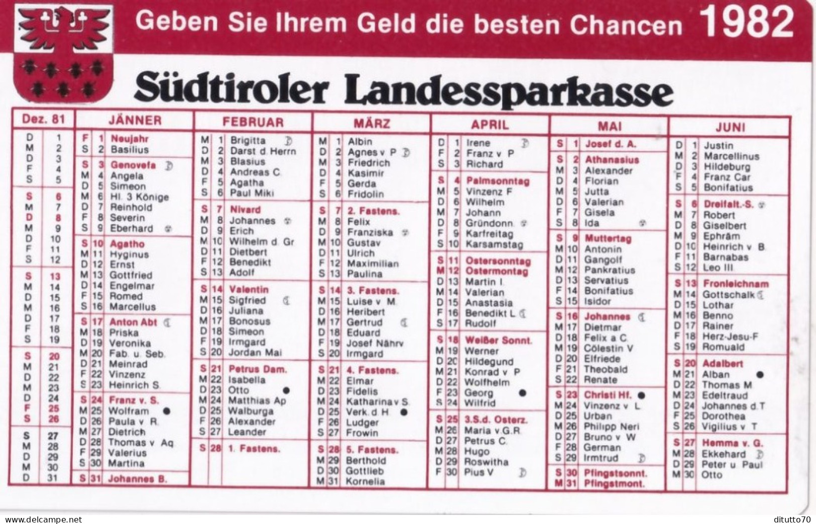 Calendarietto - Sudtiroler Landessparkasse - Anno 1982 - Petit Format : 1981-90