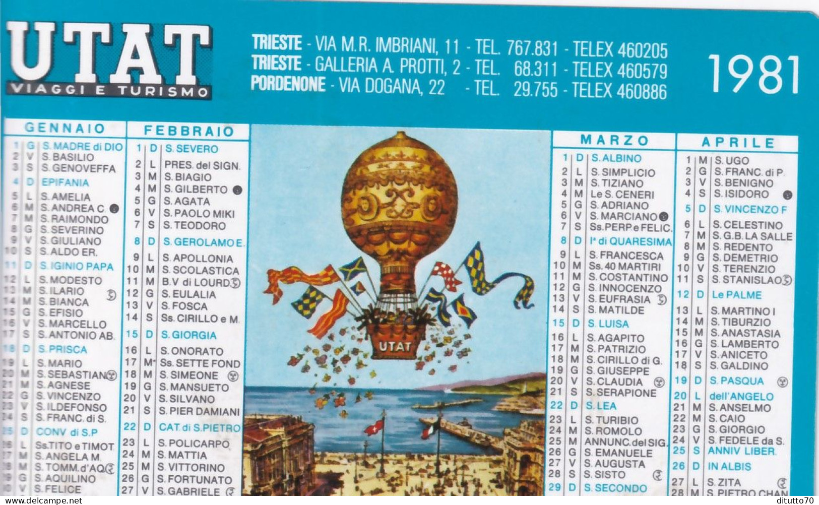 Calendarietto - Utat - Viaggi E Turismo - Trieste - Pordenone - Anno 1981 - Petit Format : 1981-90