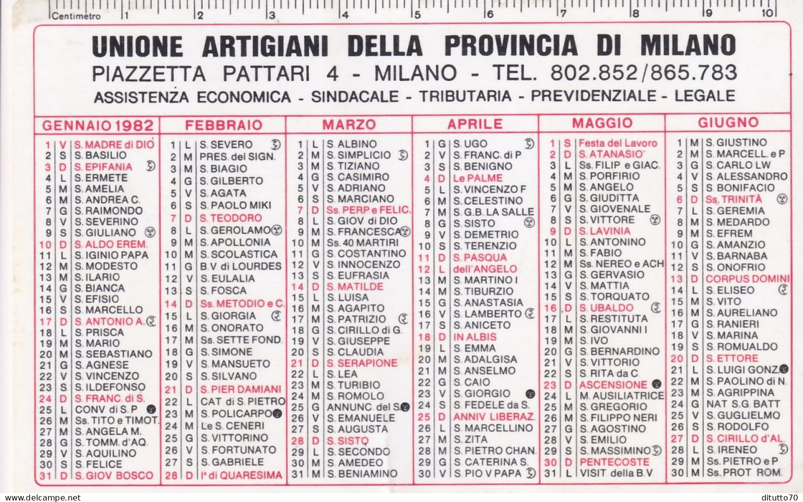 Calendarietto - Unione Artigiani Della Provincia Di Milano - Anno 1982 - Petit Format : 1981-90