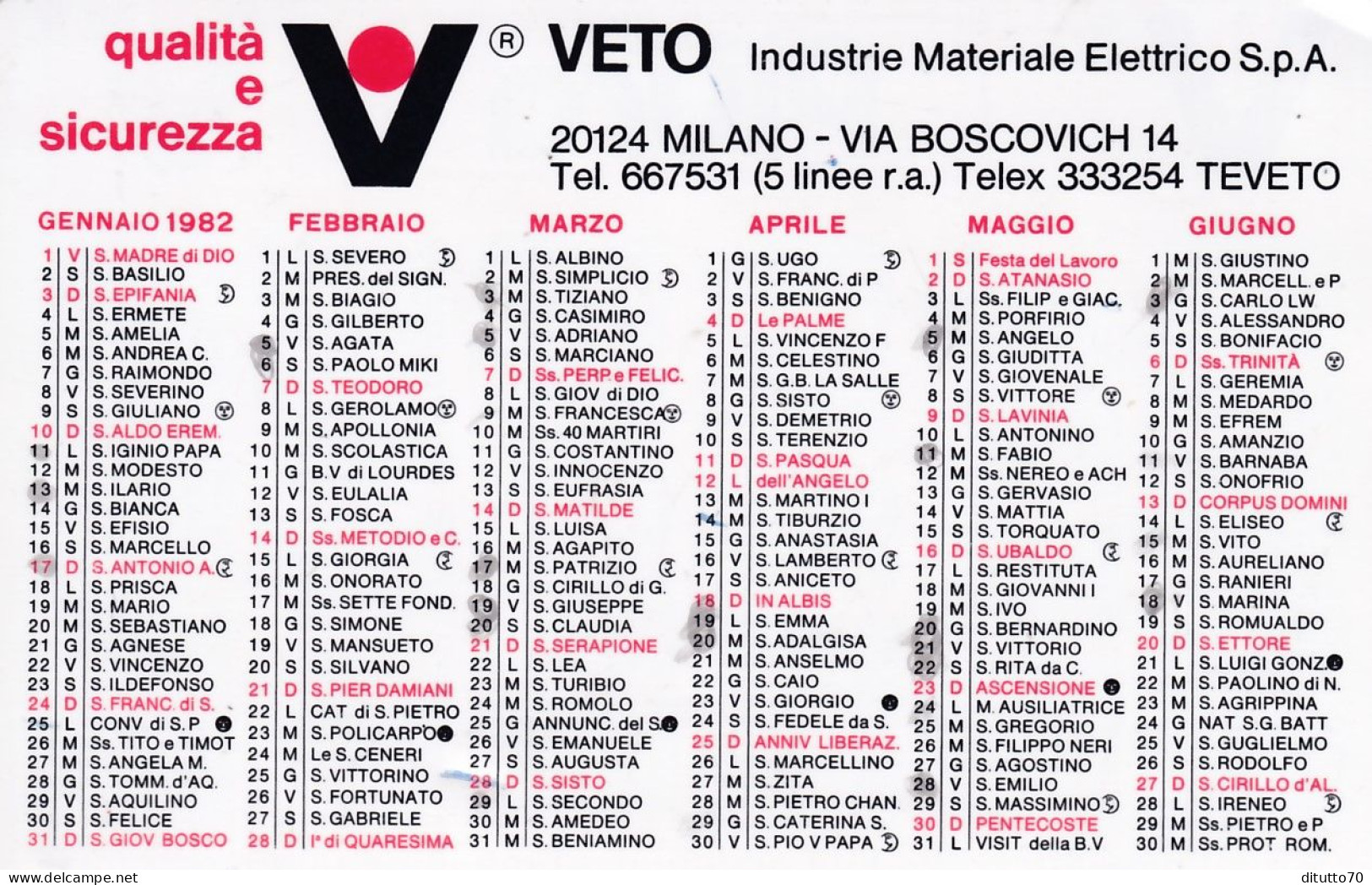 Calendarietto - Veto Industrie Matriale Elettrico S.p.s. - Milano - Anno 1982 - Petit Format : 1981-90