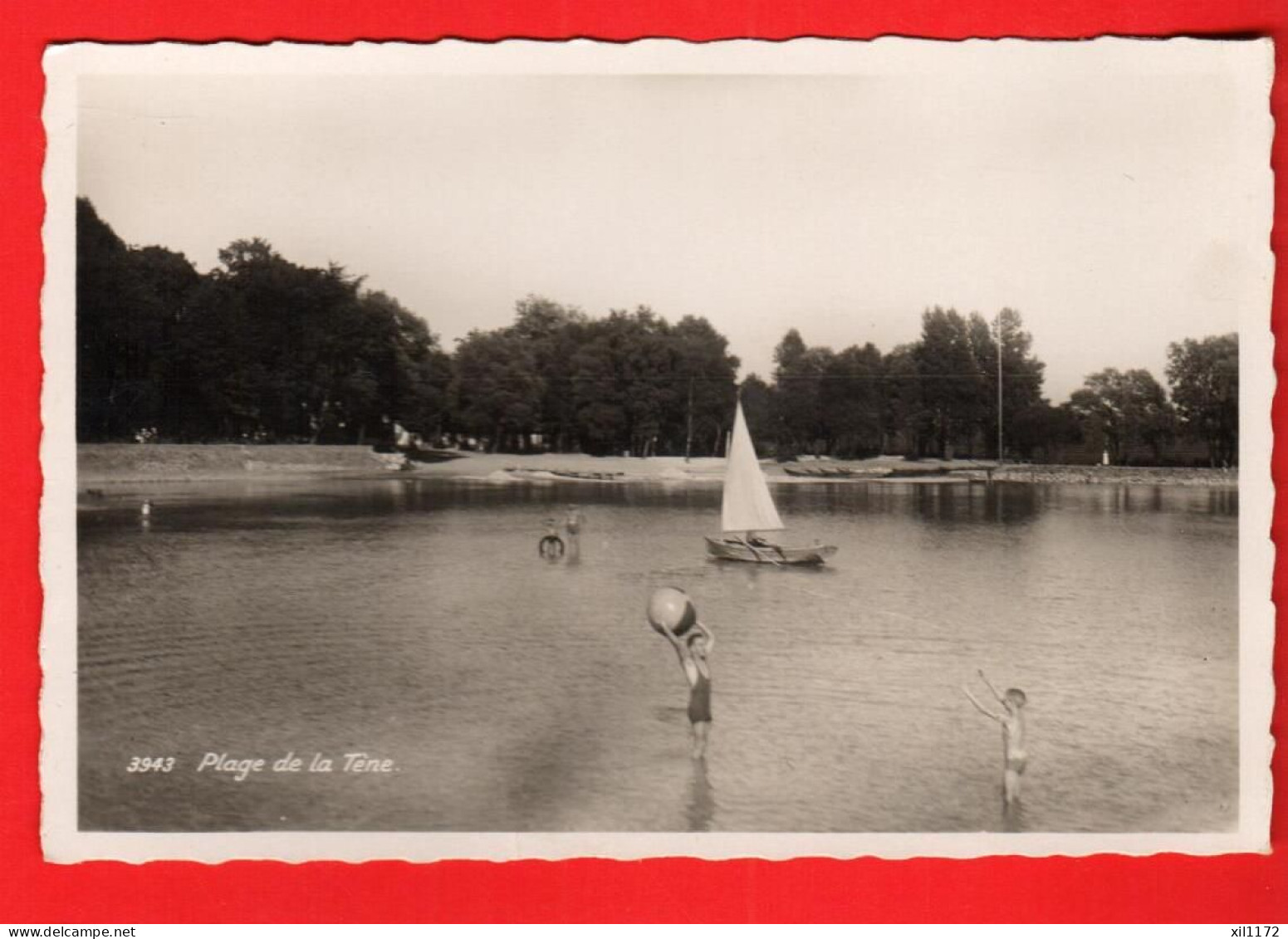 ZXK-38 Marin-Epagnier Plage De La Tène, Enfants Au Jeu. Phototypie 3943 Circulé Vers Couvet - Marin