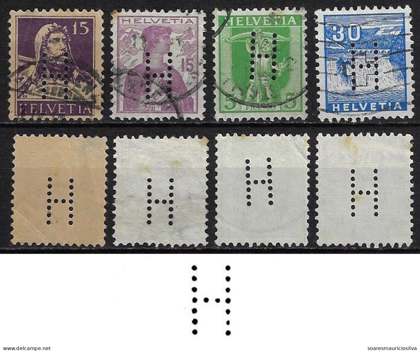 Switzerland 1901/1958 4 Stamp With Perfin H By Hausamann AG Plumbing Store In Zurich And St. Gallen Lochung Perfore - Gezähnt (perforiert)