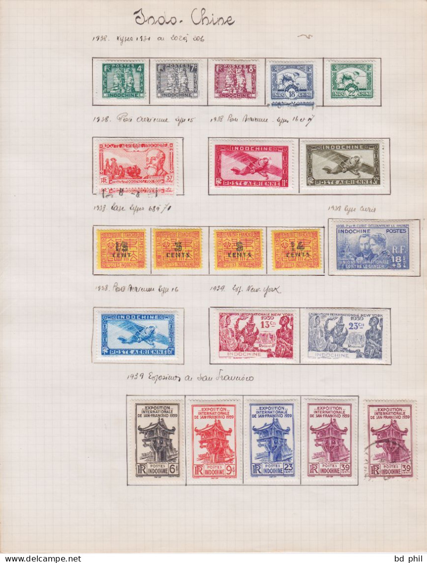 lot 102 timbres Indochine 1892 1902 1907 1919 1922 1931 1935 1936 1937 1938 1939 neuf et oblitéré avec charnière