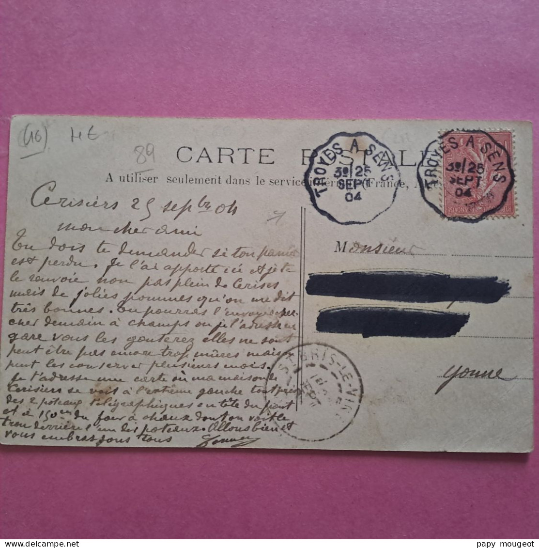 Cerisiers - Le Four à Chaux - Cachet Convoyeur Troyes A Sens 25-09-1904 - Cerisiers