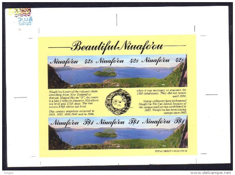 TONGA Niuafoou Large Cromalin Proof 1990 S/S - Tin Can Mail Island Volcano Crater Lake - 5 Exist - Volcanes