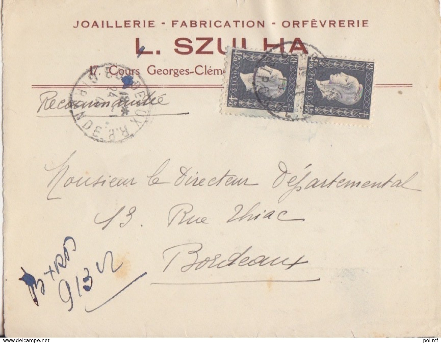 Lettre "Joaillerie - Orfèvrerie.." Rec. Provisoi Obl. Bordeaux RP Le 24/1/46 Sur 4f50 Dulac X 2 N° 696 (tarif Du 1/1/46) - 1944-45 Marianne Of Dulac