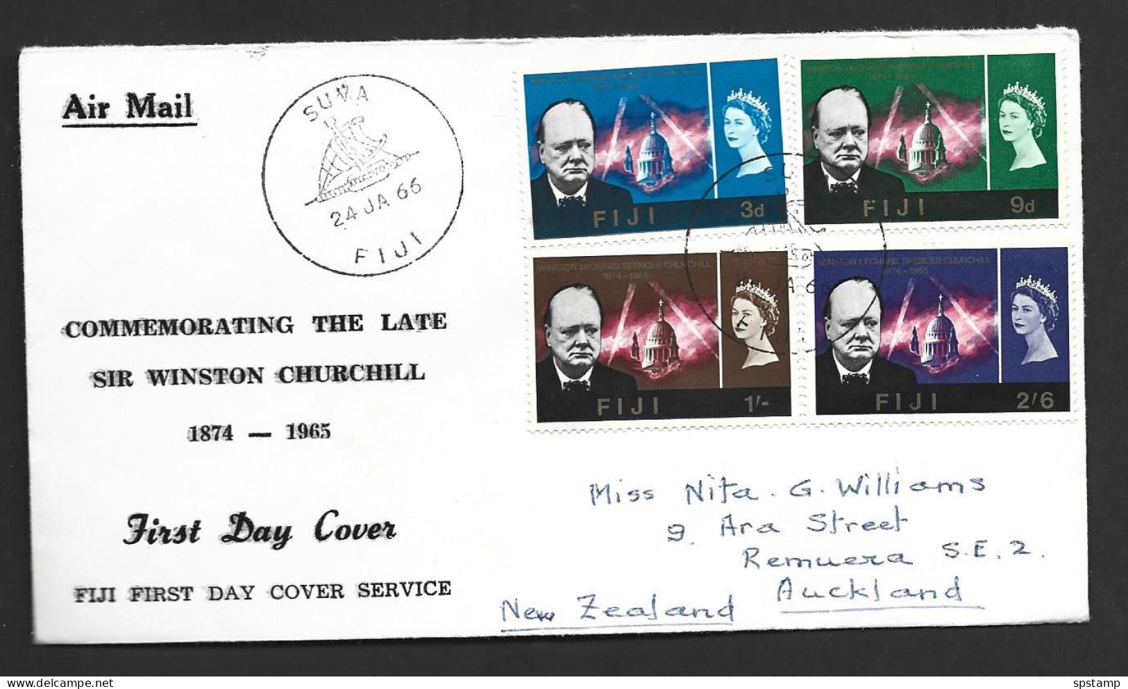 Fiji 1966 Churchill Memorial Set Of 4 On First Day Cover FDC Illustrated Addressed - Fiji (...-1970)