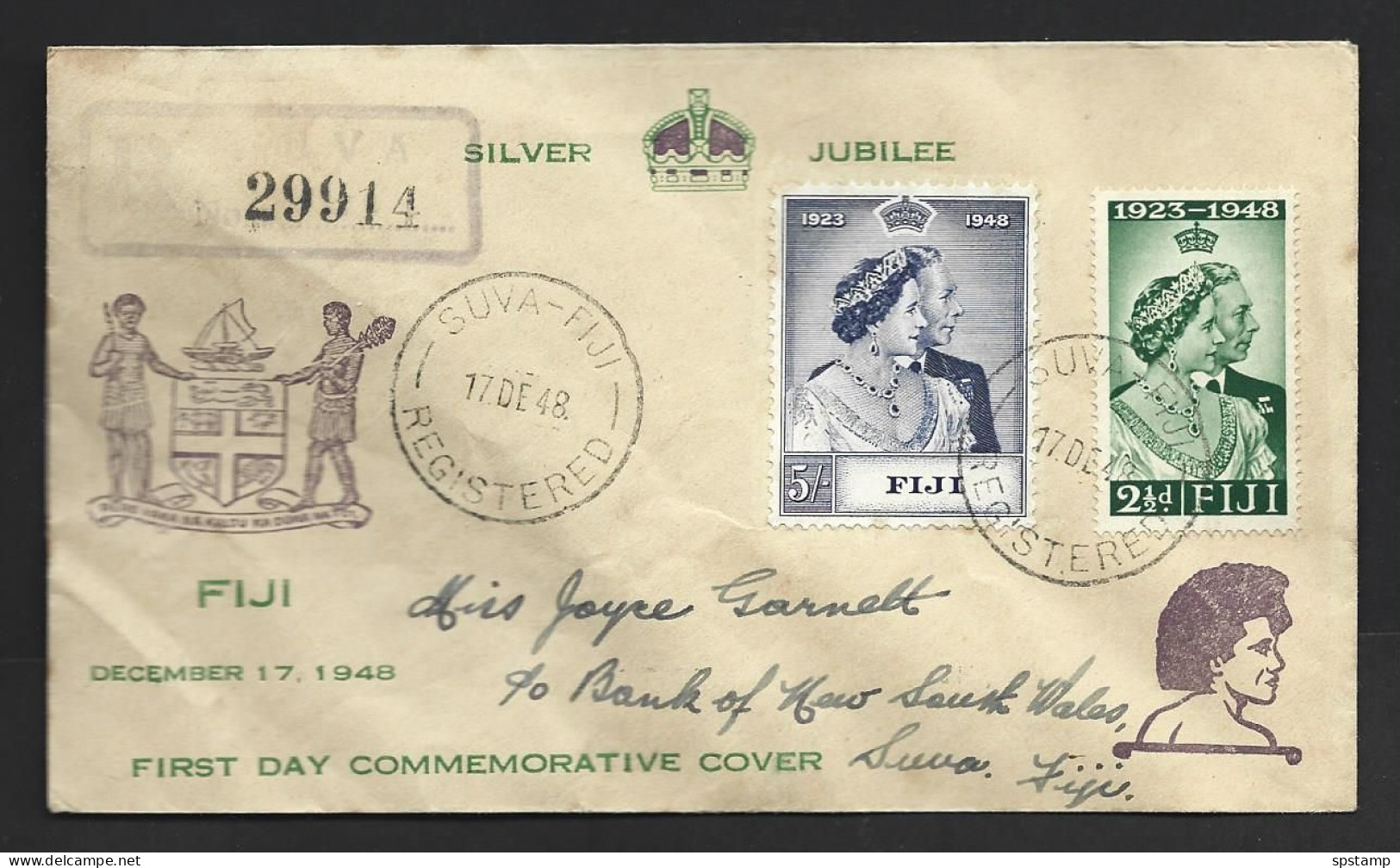 Fiji 1948 Royal Siver Wedding RSW Set Of 2 On Registered First Day Cover FDC Illustrated Addressed - Fiji (...-1970)