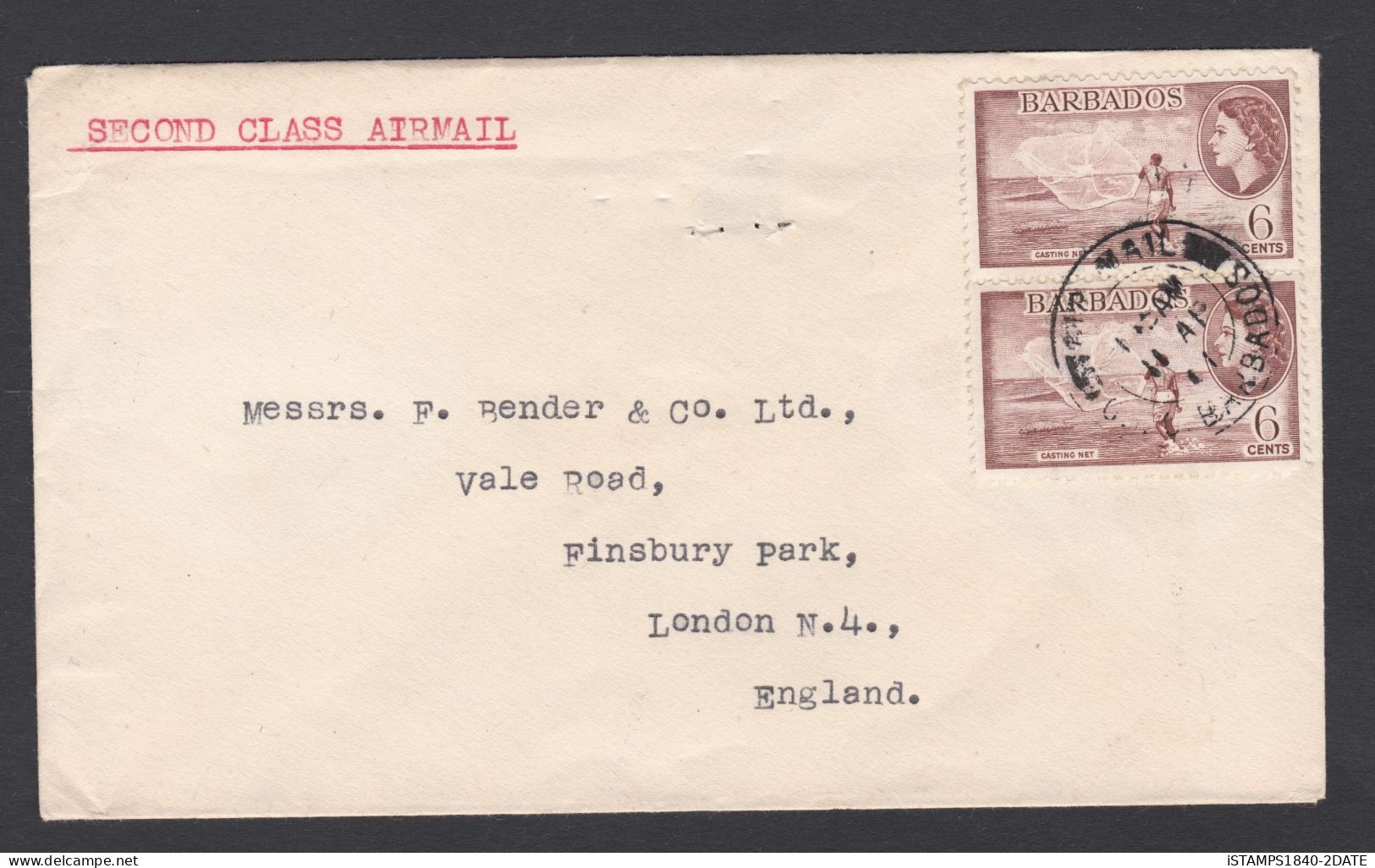 00406/ Barbados 1961 Air Mail (2nd Class) To England Sg294 6c Red Brown Vert Pair Fine Used - Barbados (...-1966)