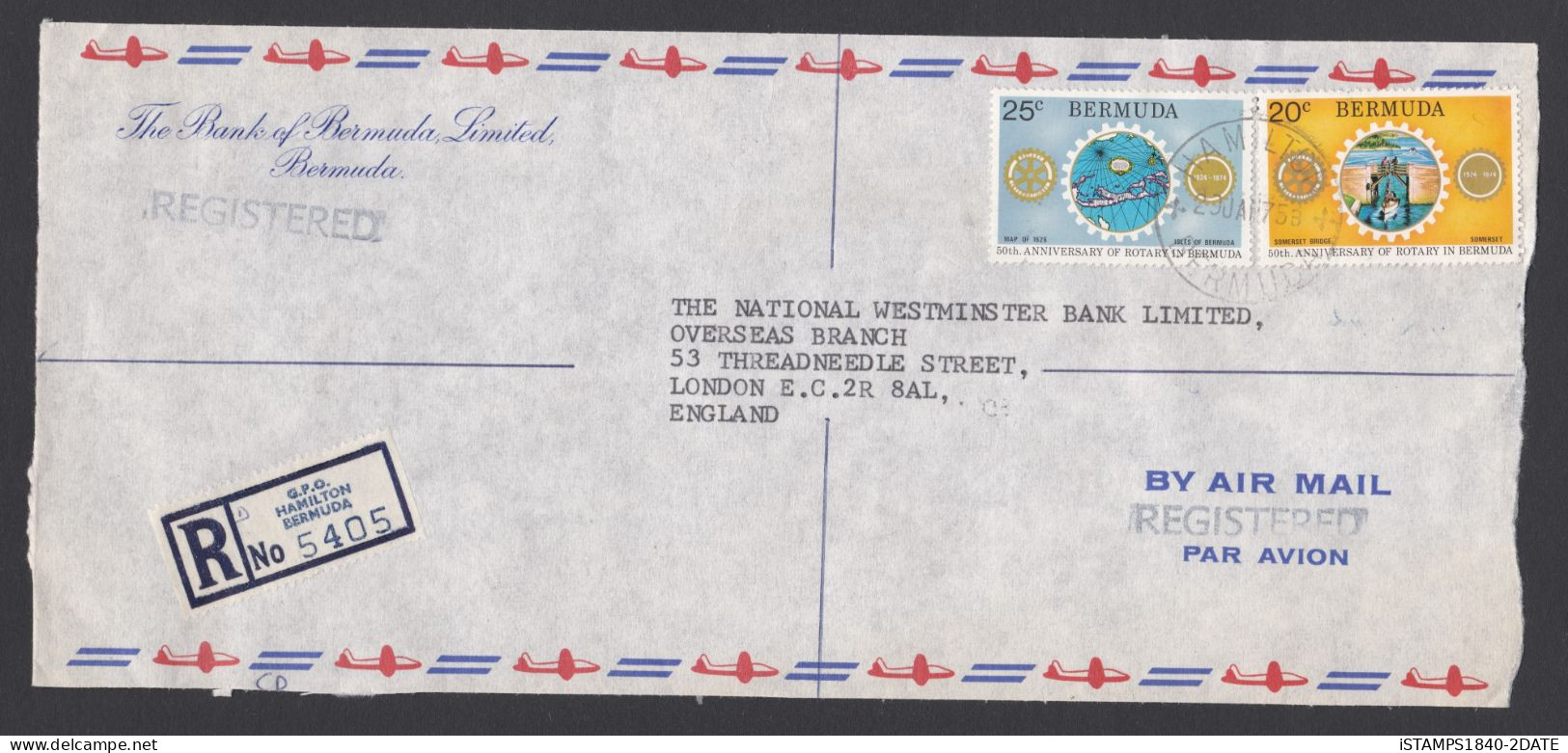 00407/ Bermuda Air Mail Cover Front 1975 To England 20c+25s Rotary Fine Cds Used - Bermuda