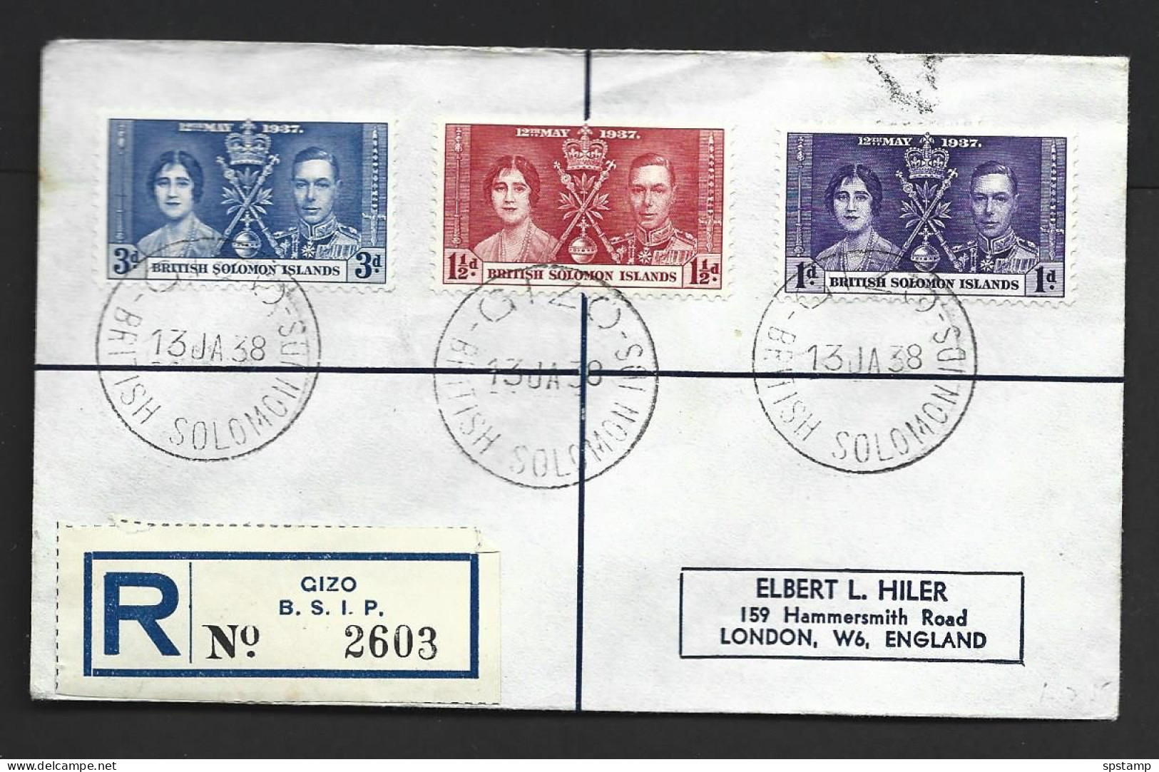 British Solomon Islands 1937 KGVI Coronation Set Of 3 On Registered Cover Gizo To England , Surface Marks - Iles Salomon (...-1978)
