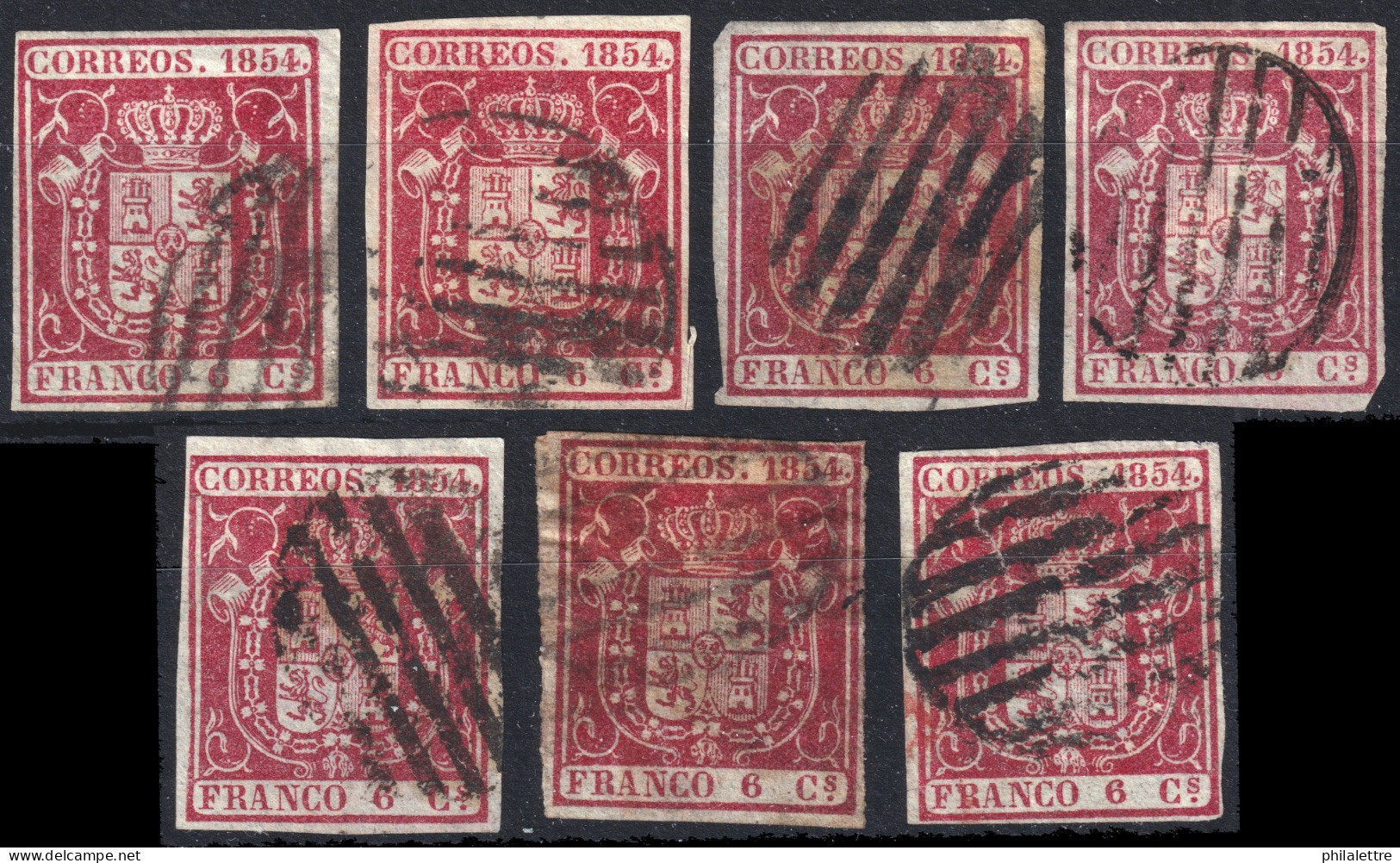 ESPAGNE / ESPANA / SPAIN 1854 Ed.24/24a/24b 6c Carmin / C. Oscuro / C. Claro - 7 Copias - Usados - Used Stamps