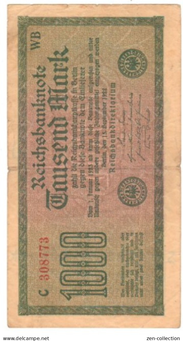 WW2 Germany Nazi Propaganda FORGERY Overprint On Genuine 1000 Mark 1923 Banknote VF- (tears) - Otros & Sin Clasificación