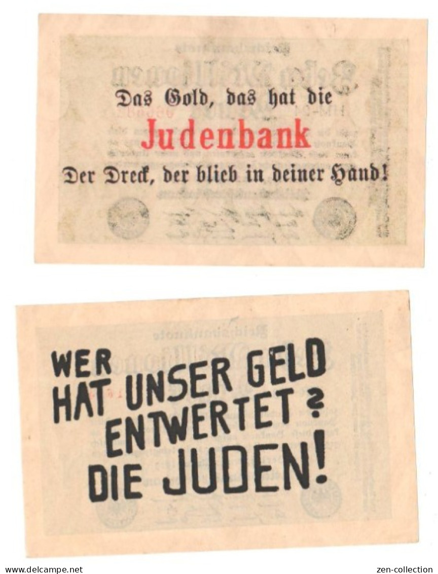 Two WW2 Germany Nazi Propaganda FORGERY Overprint On Genuine 10 Million1923 Banknote VF++ - Other & Unclassified