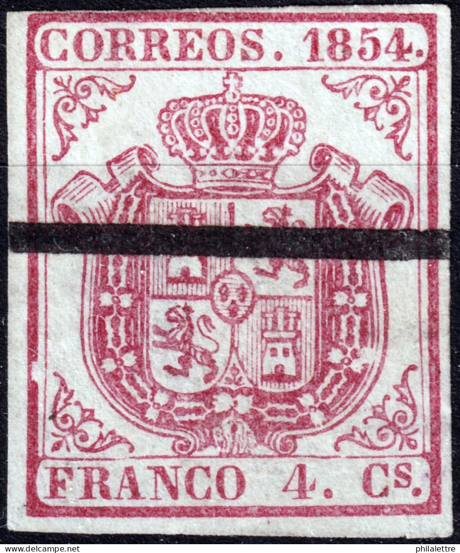 ESPAGNE / ESPANA / SPAIN 1854 MUSTRA Ed.33AMa 4c Carmin, Papel Azulado, Raya De Tinta Negra (SPECIMEN) - Oblitérés