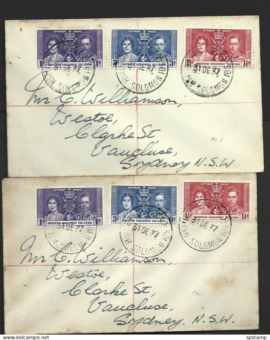 British Solomon Islands 1937 KGVI Coronation Set Of 3 X 2 On 2 Separate Covers To Sydney , Much Ageing - Salomonen (...-1978)