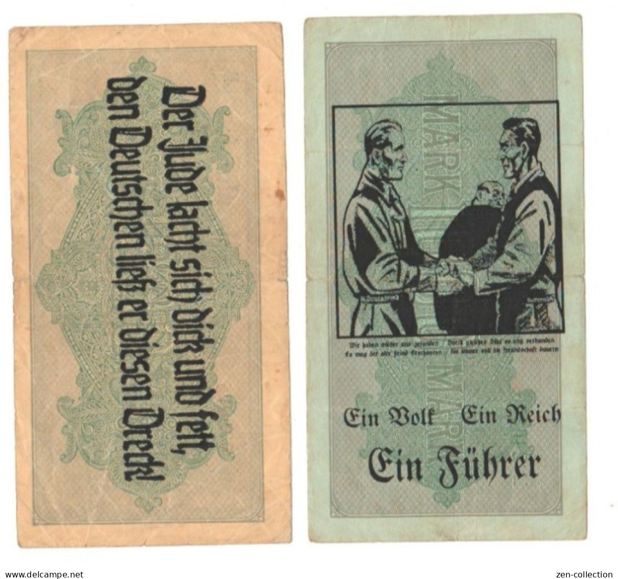 Two WW2 Germany Nazi Propaganda FORGERY Overprint On Genuine 1000 Mark 1923 Banknote VF- (tears) - Autres & Non Classés