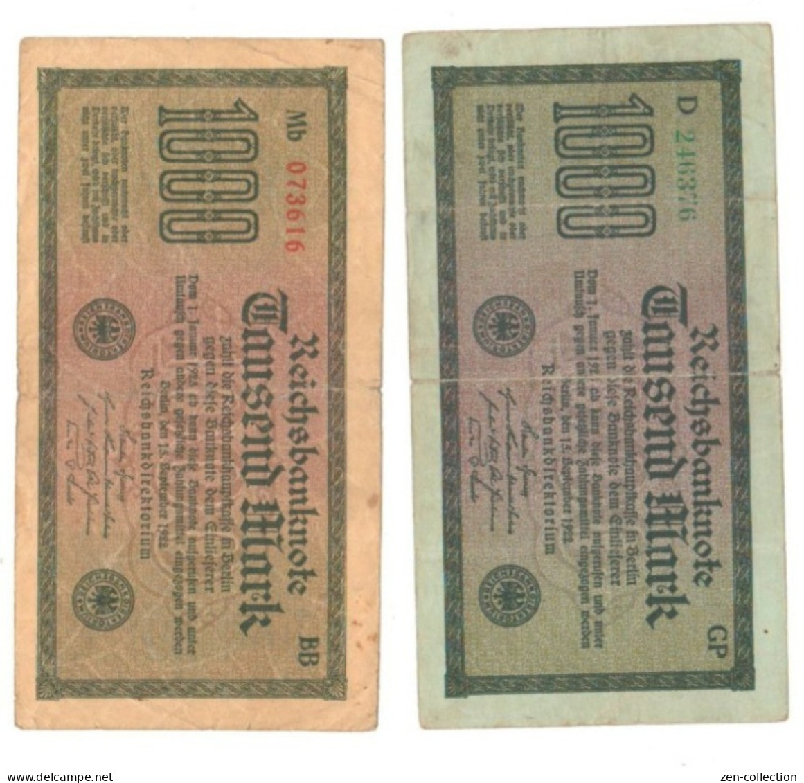 Two WW2 Germany Nazi Propaganda FORGERY Overprint On Genuine 1000 Mark 1923 Banknote VF- (tears) - Other & Unclassified