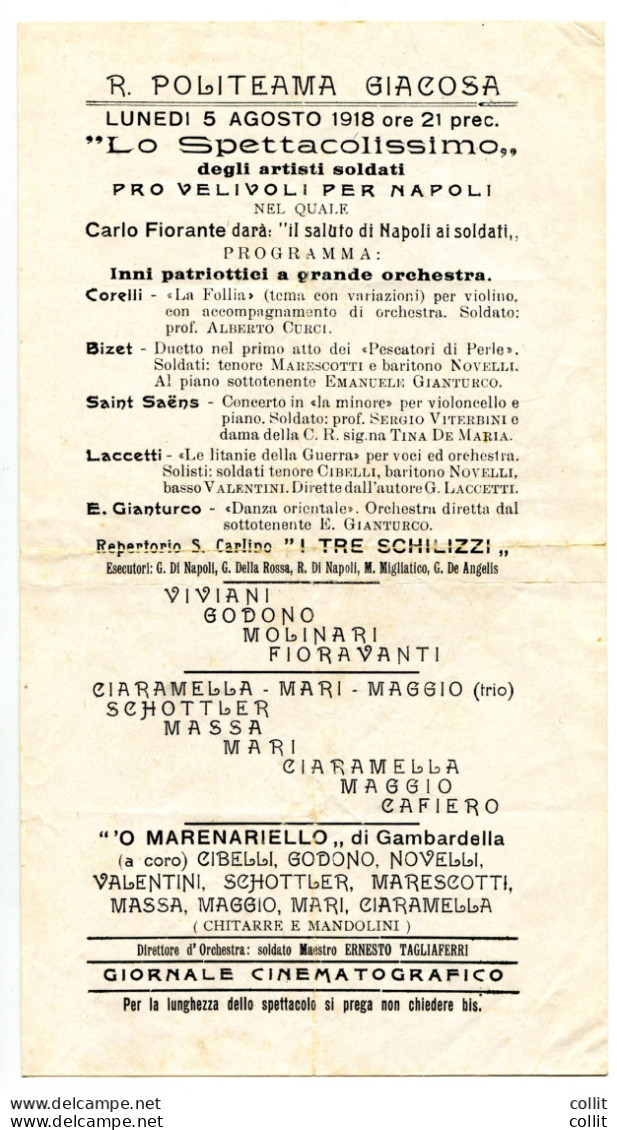 1918 - Pro Velivoli Per Napoli - Locandina Per Uno Spettacolo - Marcofilía (Aviones)