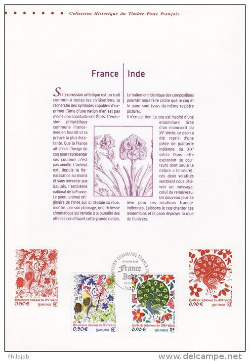 " FRANCE-INDE INDIA " Sur Document Philatélique Officiel (4 Pages)  N° YT 3629 3630 + Timbres Inde. A SAISIR ! - Emissions Communes