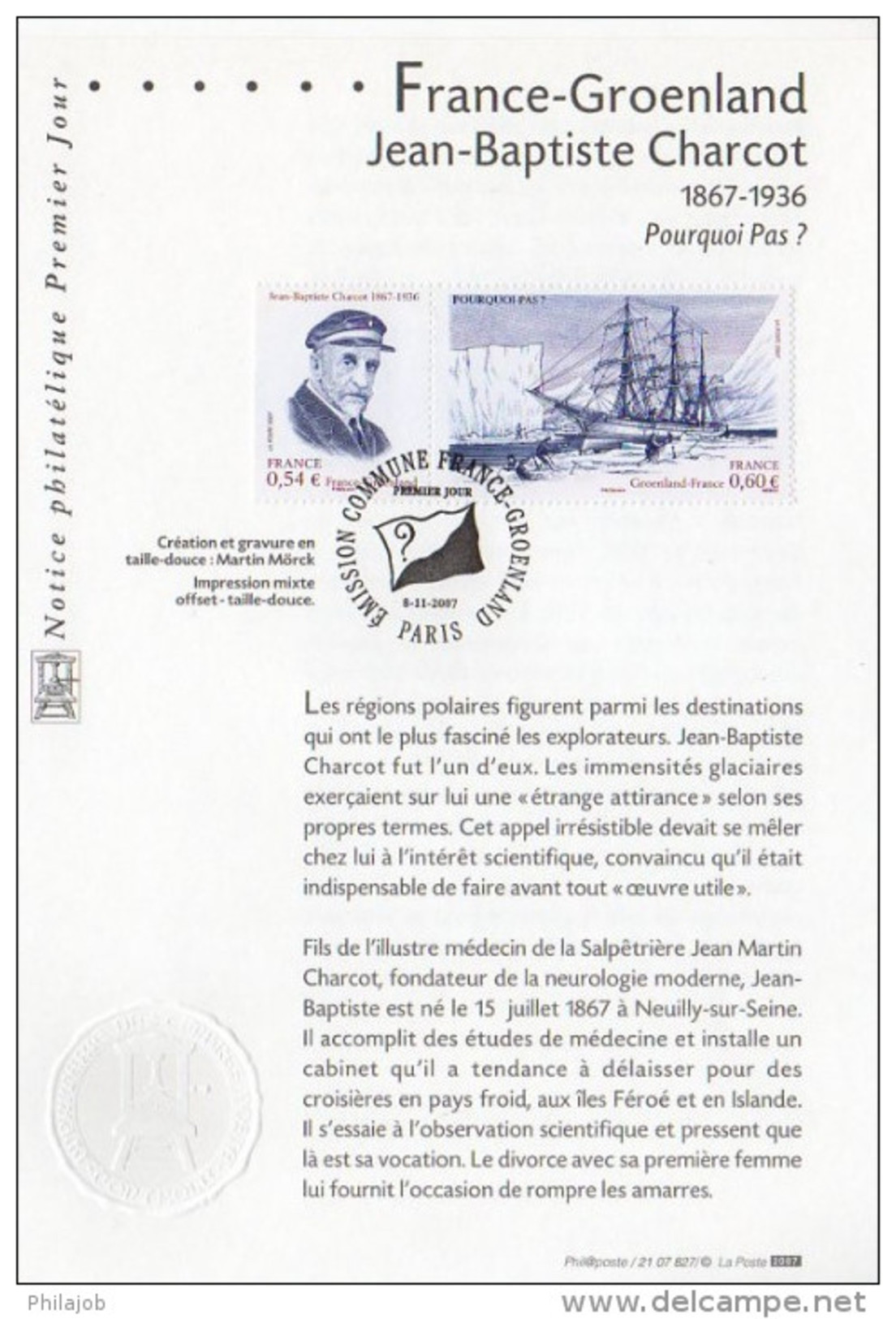 " FRANCE - GROENLAND : JEAN-BAPTISTE CHARCOT " Sur La Notice Officielle 1er Jour De 2007 . N° YT P4110. FDC - Autres & Non Classés