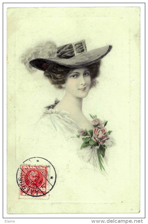 Art - Lady Wearing Hat, Flowers  M. Monk Signed Wichera - Wichera