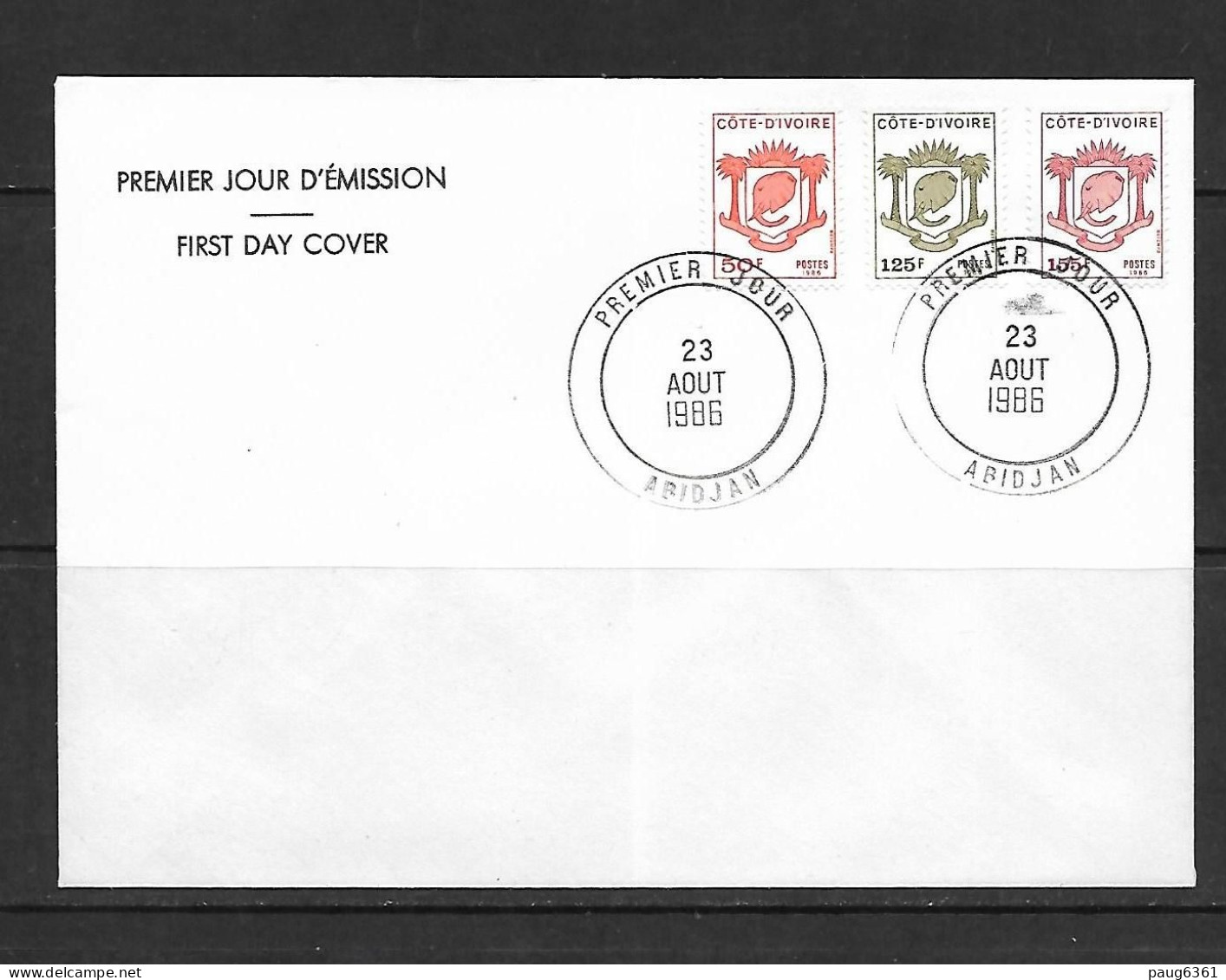 COTE D'IVOIRE 1986 FDC ARMOIRIES-COURANT  YVERT N°774/776 - Omslagen