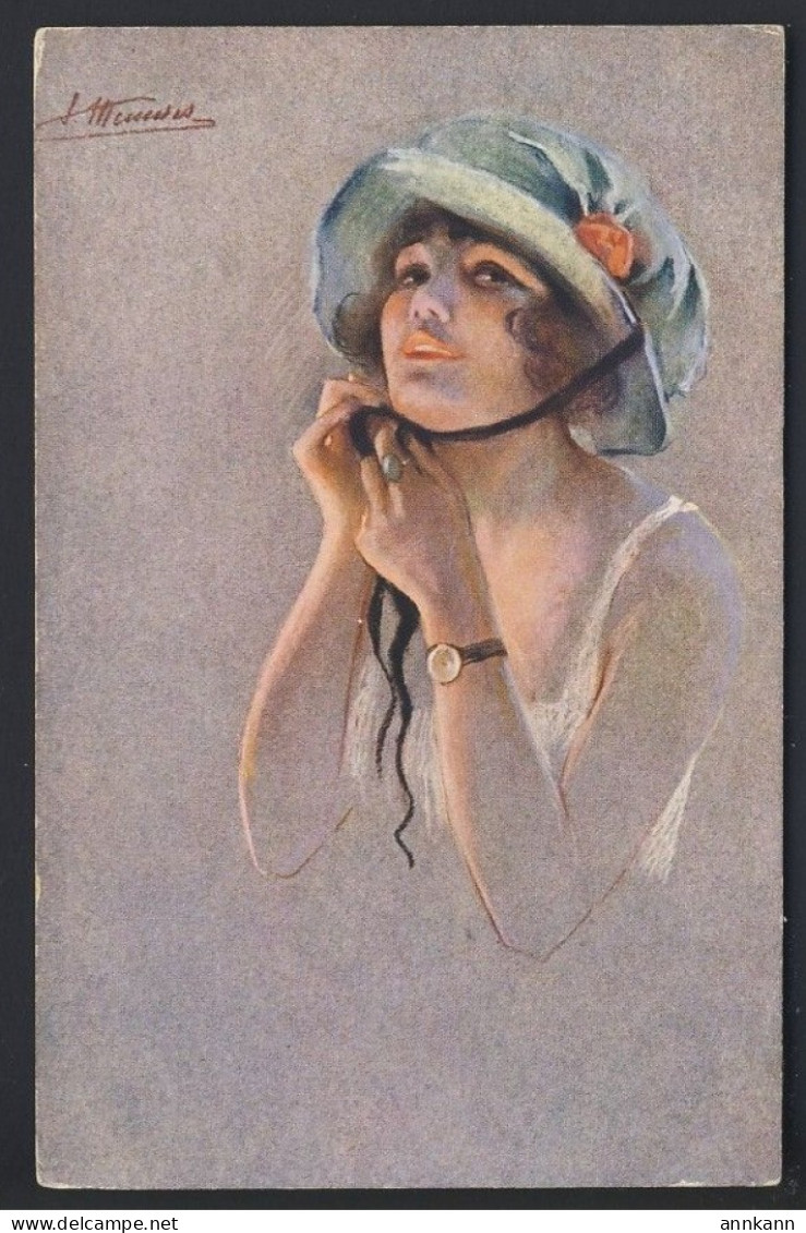 Young Woman Securing Her Blue Hat - Suz. Meunier Artist - Meunier, S.