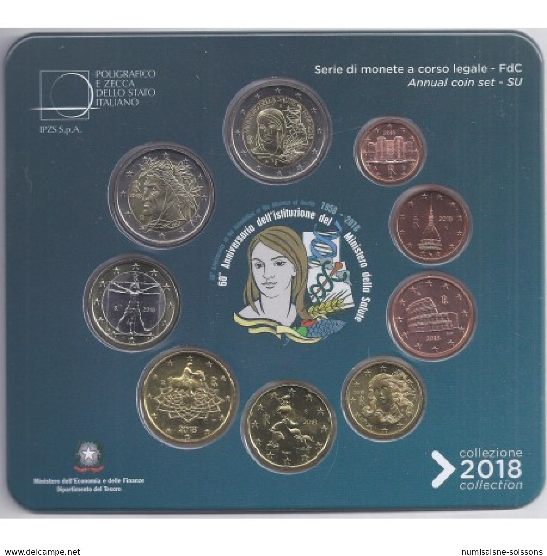 ITALIE - COFFRET EURO BRILLANT UNIVERSEL 2018 - 9 PIECES (5.88 Euros) Incl. 2€ Ministère De La Santé - Italie