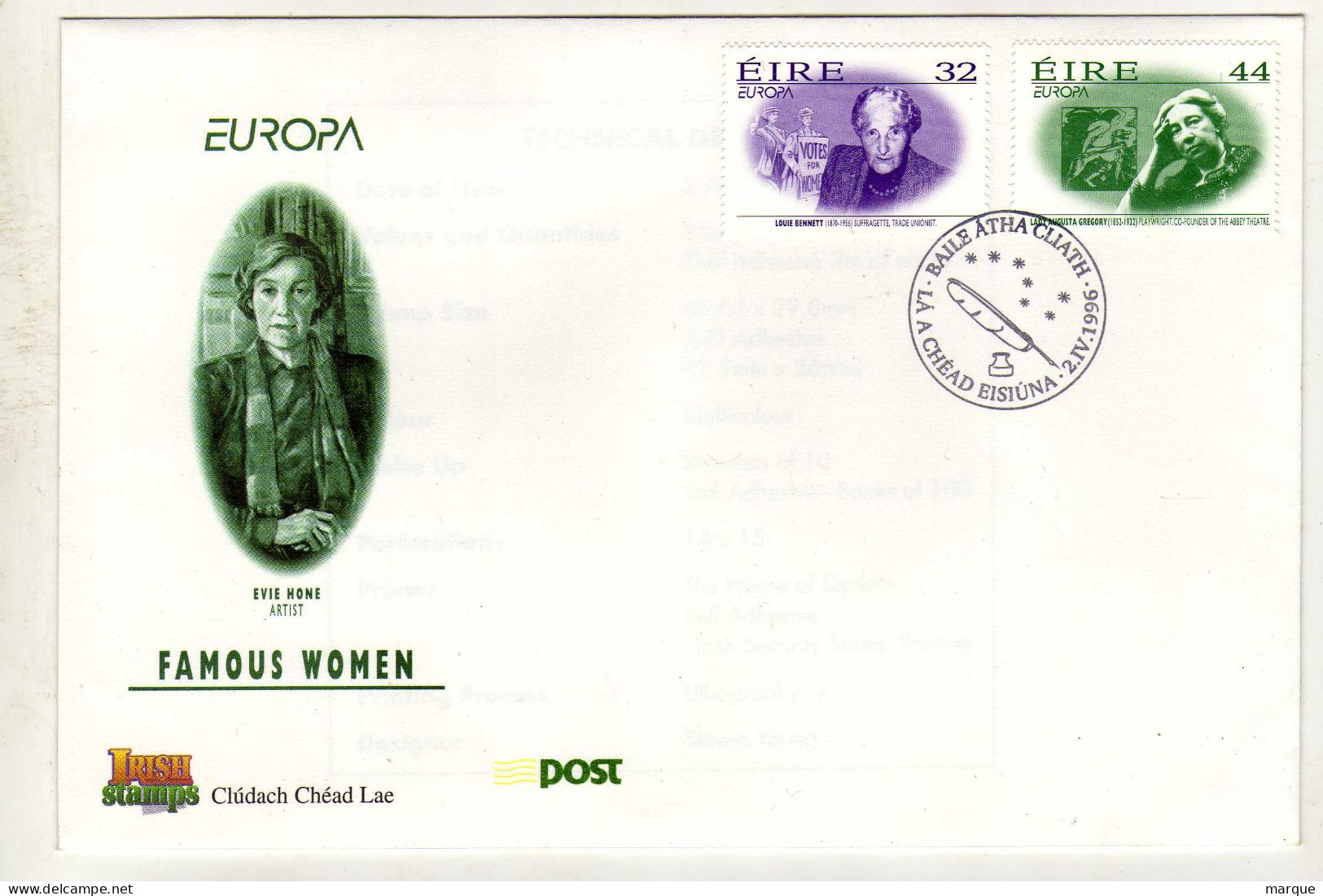 Enveloppe 1er Jour IRLANDE EIRE Oblitération BAILE ATHA CLIATH 02/04/1996 - FDC