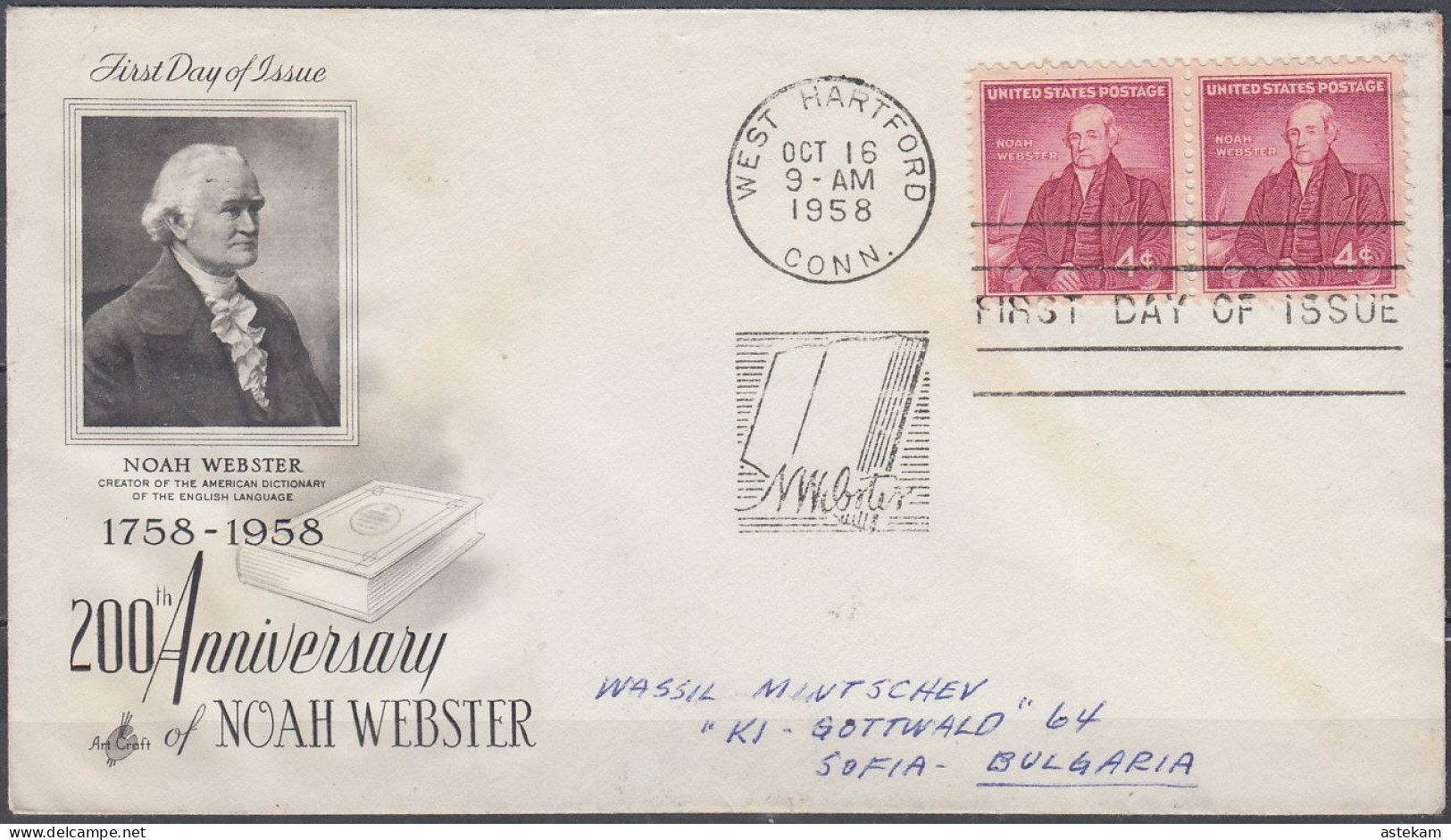 USA 1958, TRAVELED FDC For 200 Years Since NOAH WEBSTER'S BIRTH - 1951-1960
