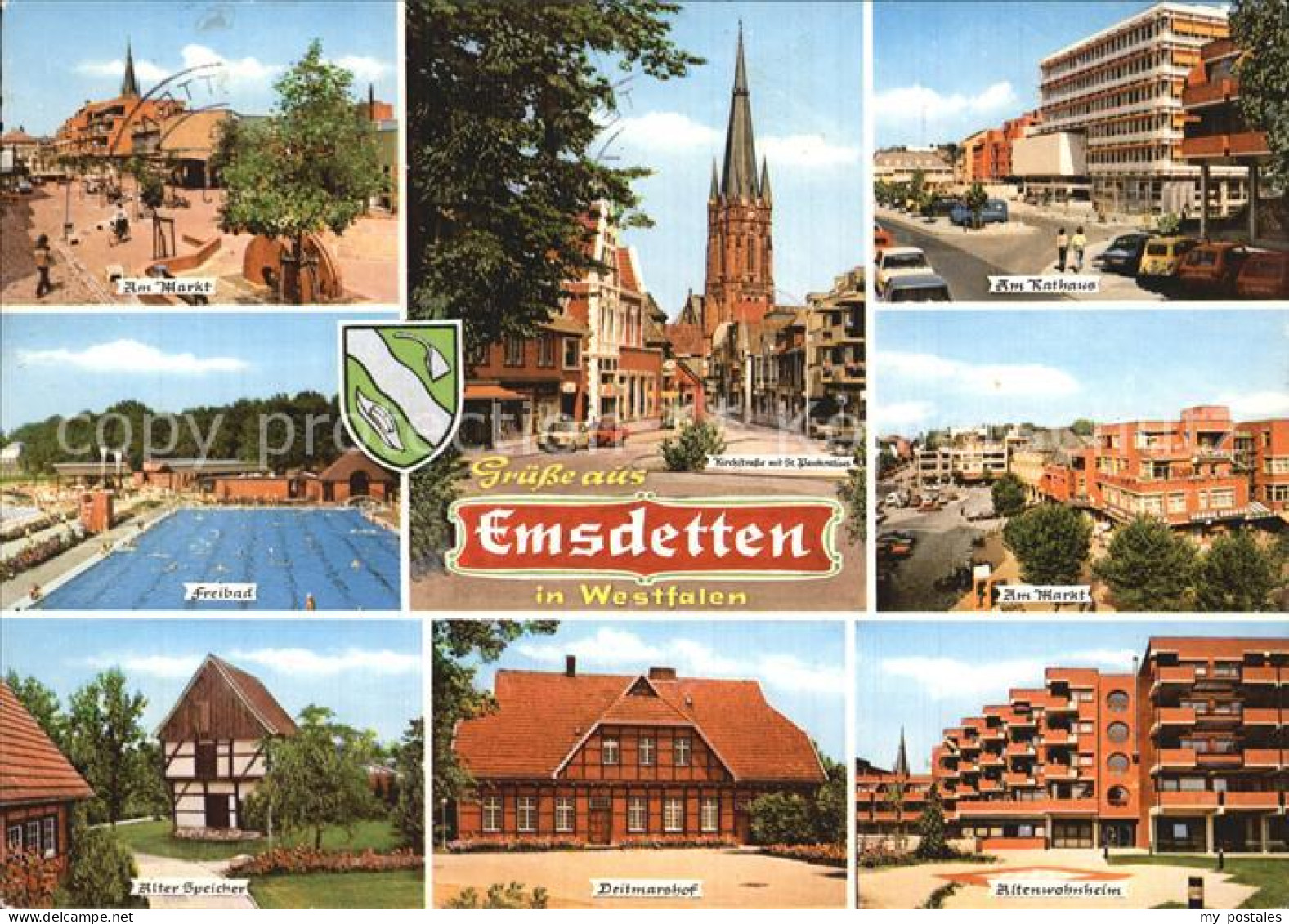 72512928 Emsdetten Markt Kirchstrasse Mit St Pankratius Rathaus Freibad Alter Sp - Emsdetten