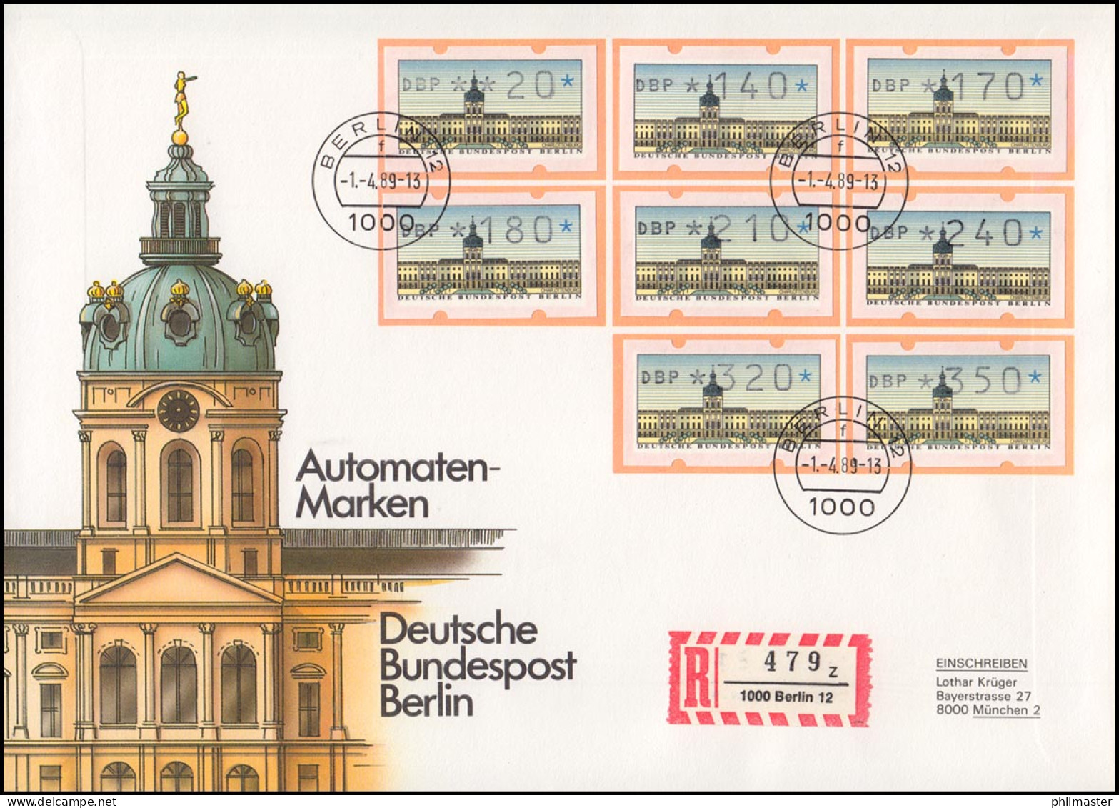 ATM Berlin, 8 Werte: 20-350, Satz Auf 1 Schmuck-FDC ET-O Berlin 12 - 1.4.89 - Rollenmarken